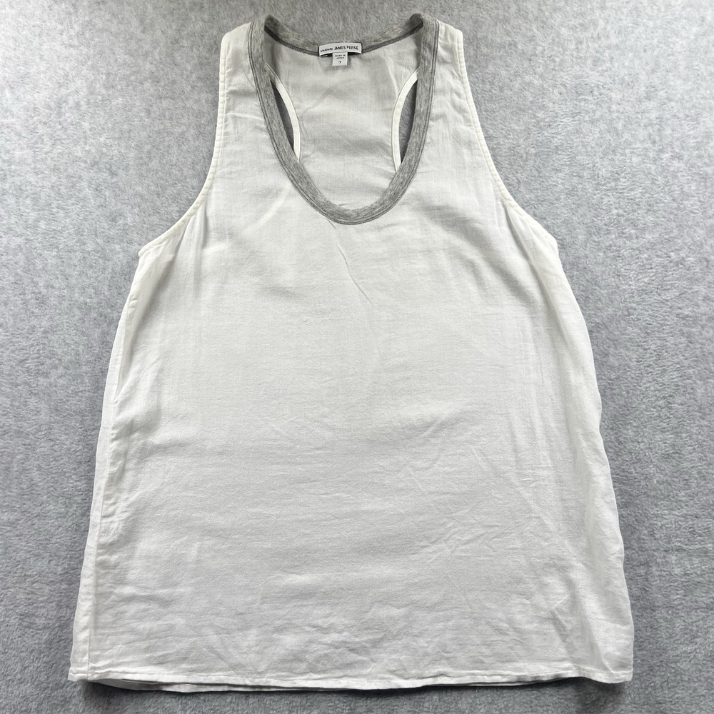 James Perse 3 White Gray Trim Racerback Tank Top Minimalist Cotton Old Money